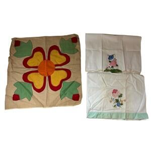 Vintage Linen Floral Applique Pillow Case and Tea Towels Hand Sewn Dogwood